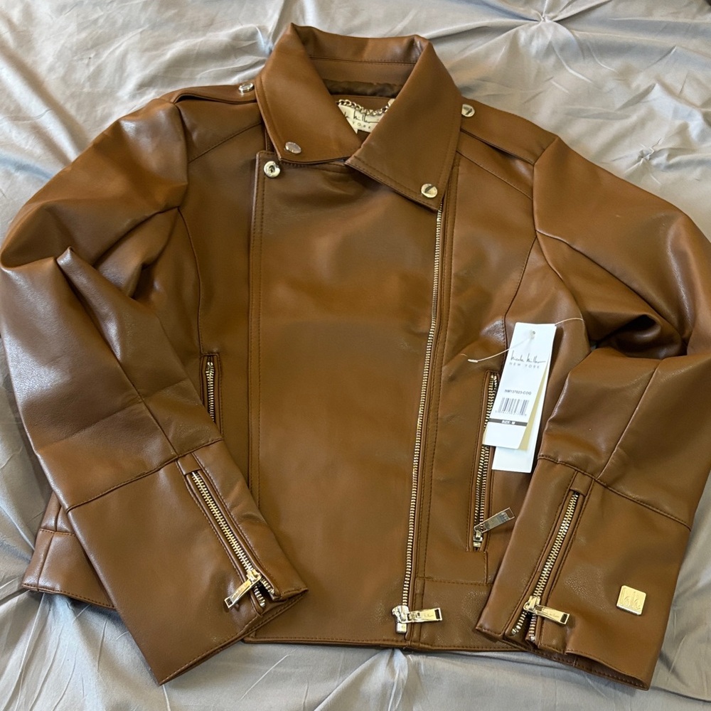 Nicole Miller Brown Leather Moto Jacket